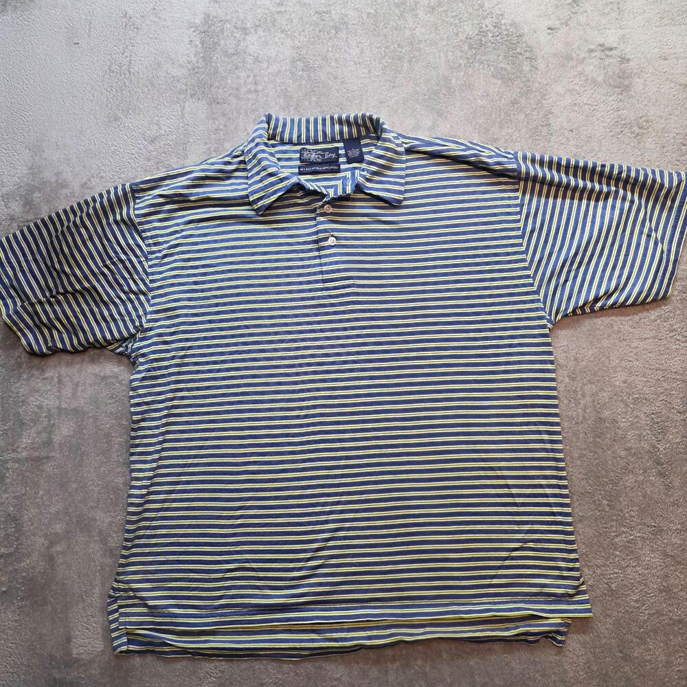 Keeler Bay Polo Shirt Mens L Blue Green Striped 100% Cotton Jersey Knit Casual